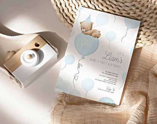 Editable Canva 1st birthday boy invite to print or send digitally