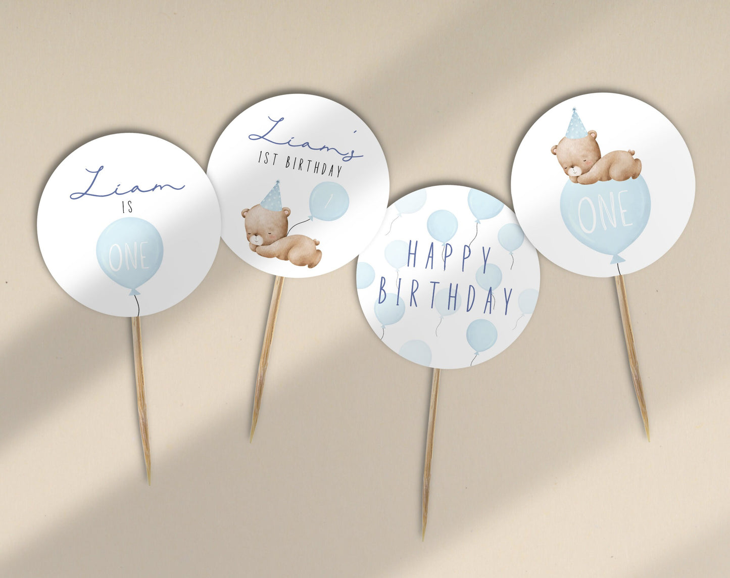 balloon, blue and one year 1st birthday boy cupcake topper template for printable decor