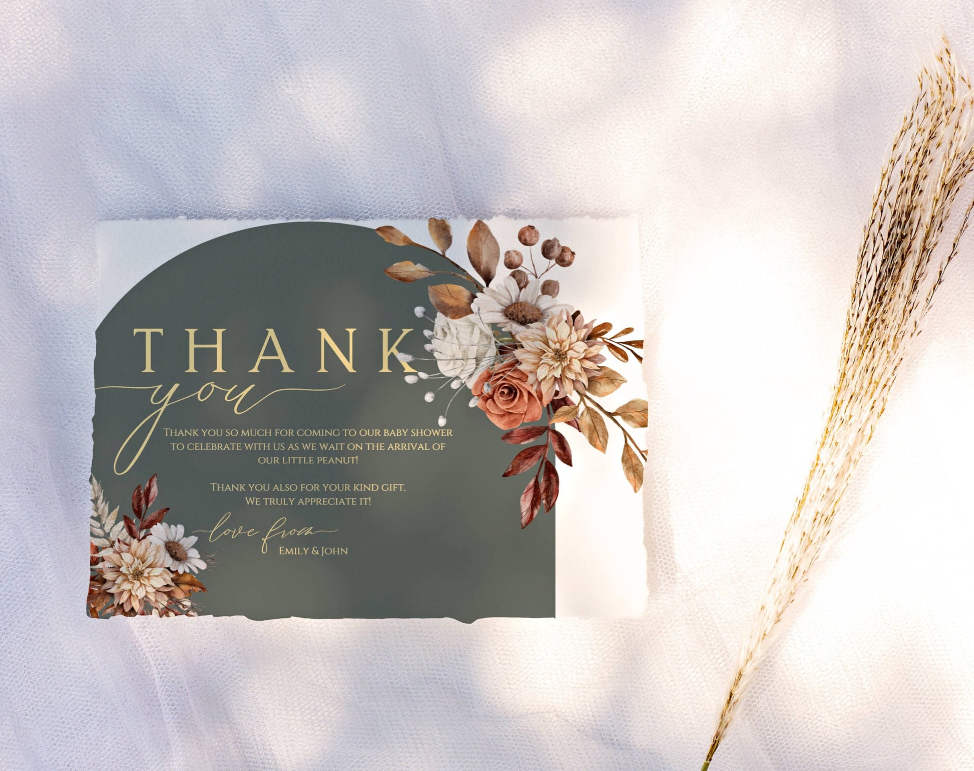 floral, boho, green and orange baby shower thank you card template for personalized stationery