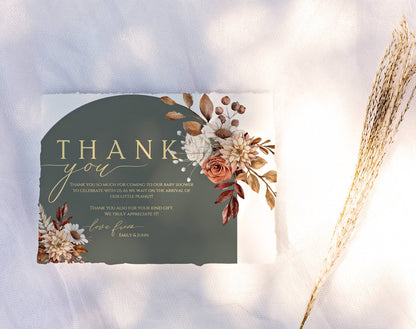 floral, boho, green and orange baby shower thank you card template for personalized stationery