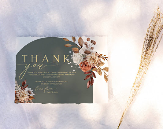 floral, boho, green and orange baby shower thank you card template for personalized stationery
