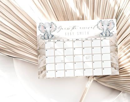 Boho Elephant Baby Shower Due Date Calendar, editable Canva template