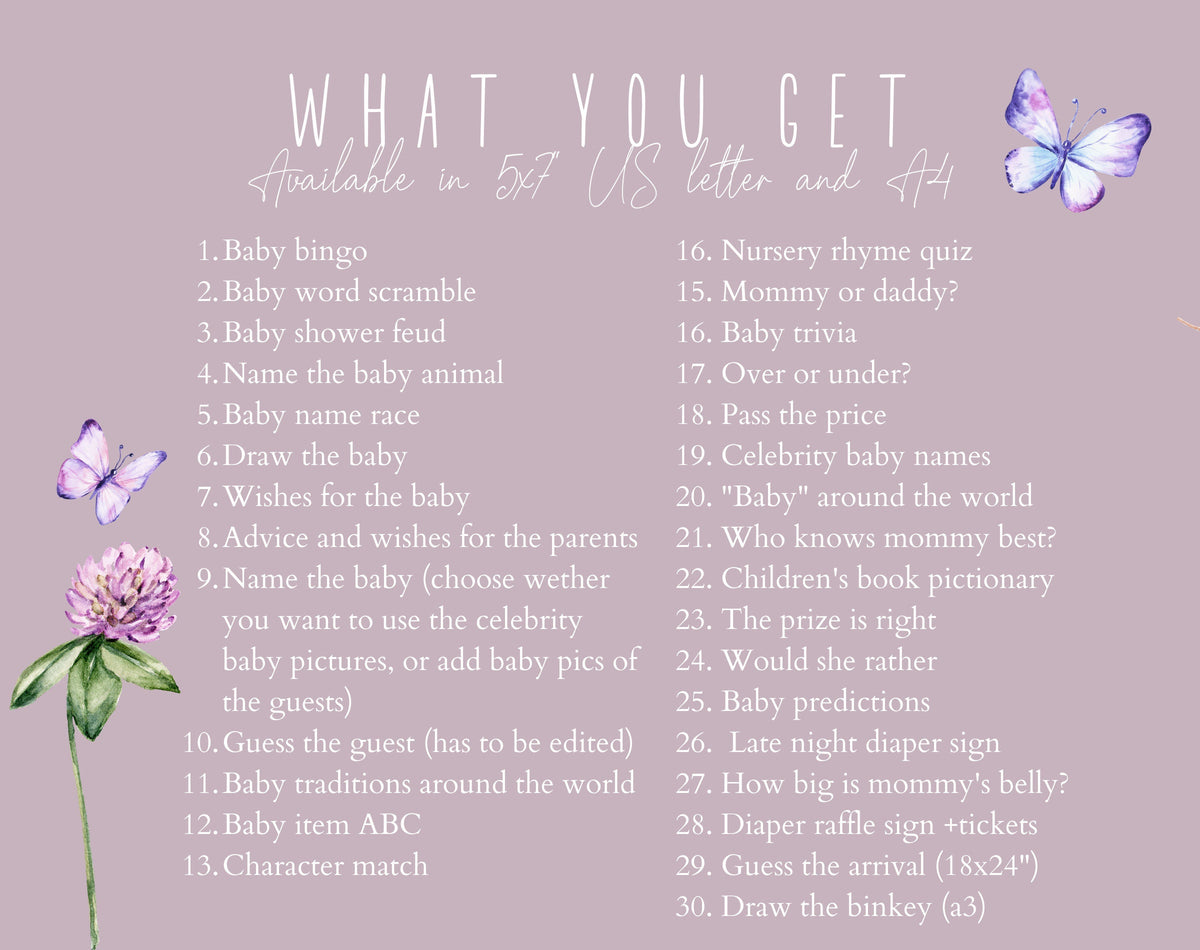 Butterfly Baby Shower Games Bundle, printable PDF files