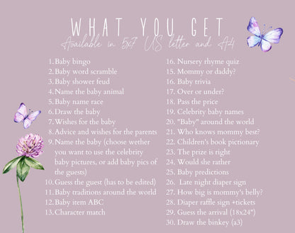 Butterfly Baby Shower Games Bundle, printable PDF files