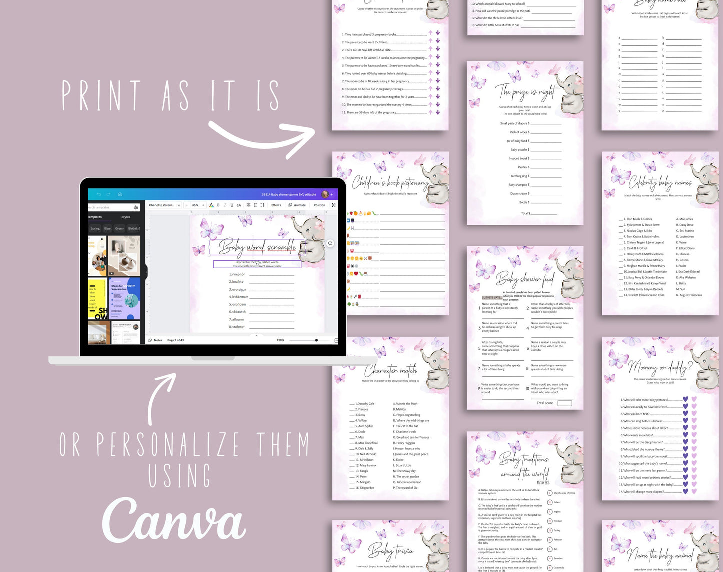 Butterfly Baby Shower Games Bundle, printable PDF files