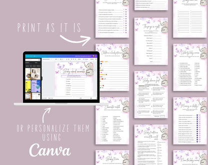Butterfly Baby Shower Games Bundle, printable PDF files