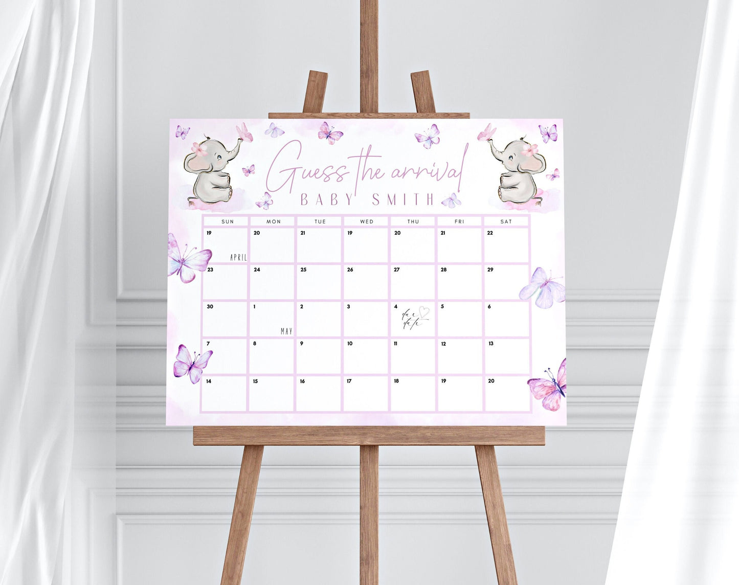 Due Date Calendar Baby Shower Game - Butterfly for baby shower party decor and supplies