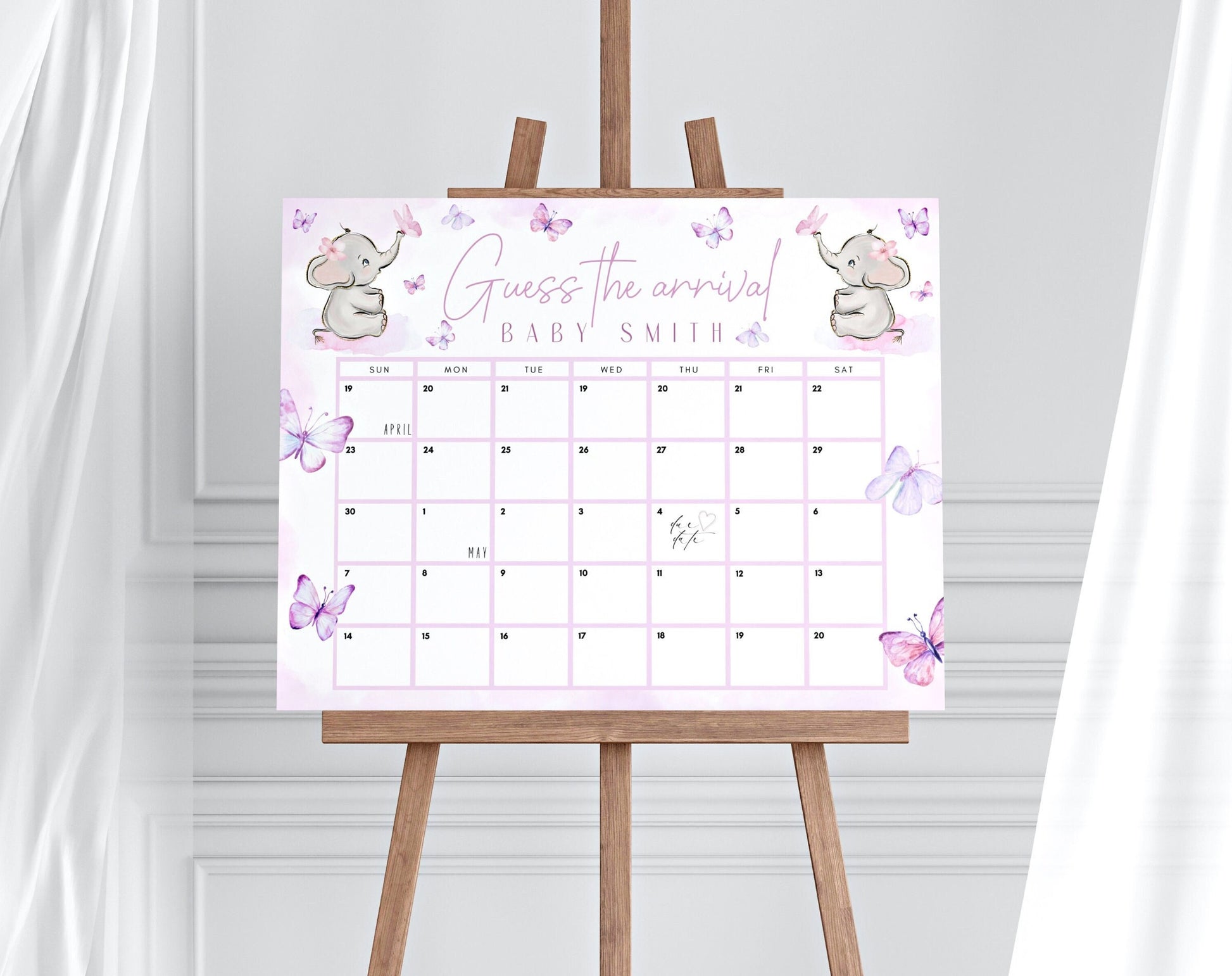 Due Date Calendar Baby Shower Game - Butterfly for baby shower party decor and supplies