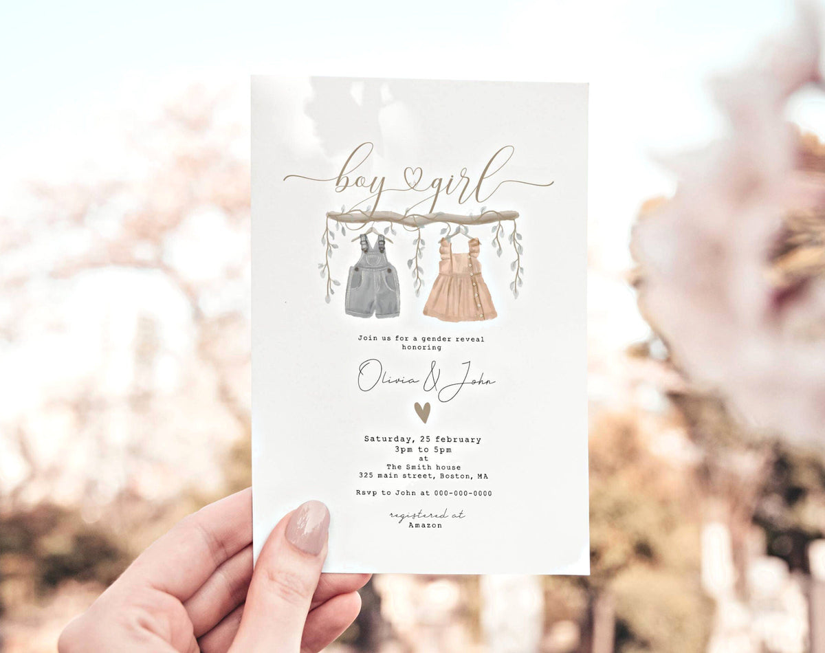 Preview of boho baby clothes gender reveal invitation with white and textured background options
