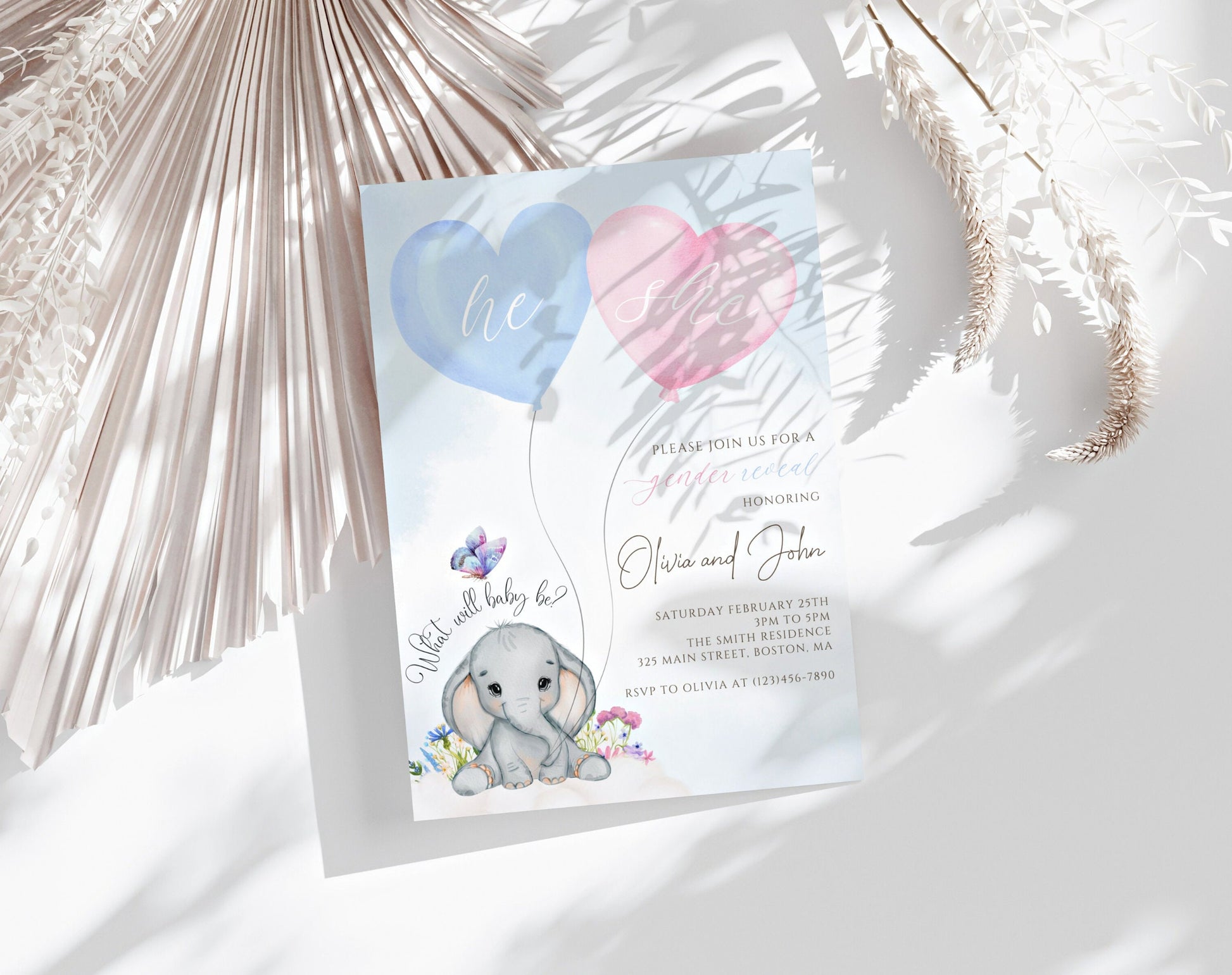 Invitation - Butterfly Gender Reveal, editable Canva template