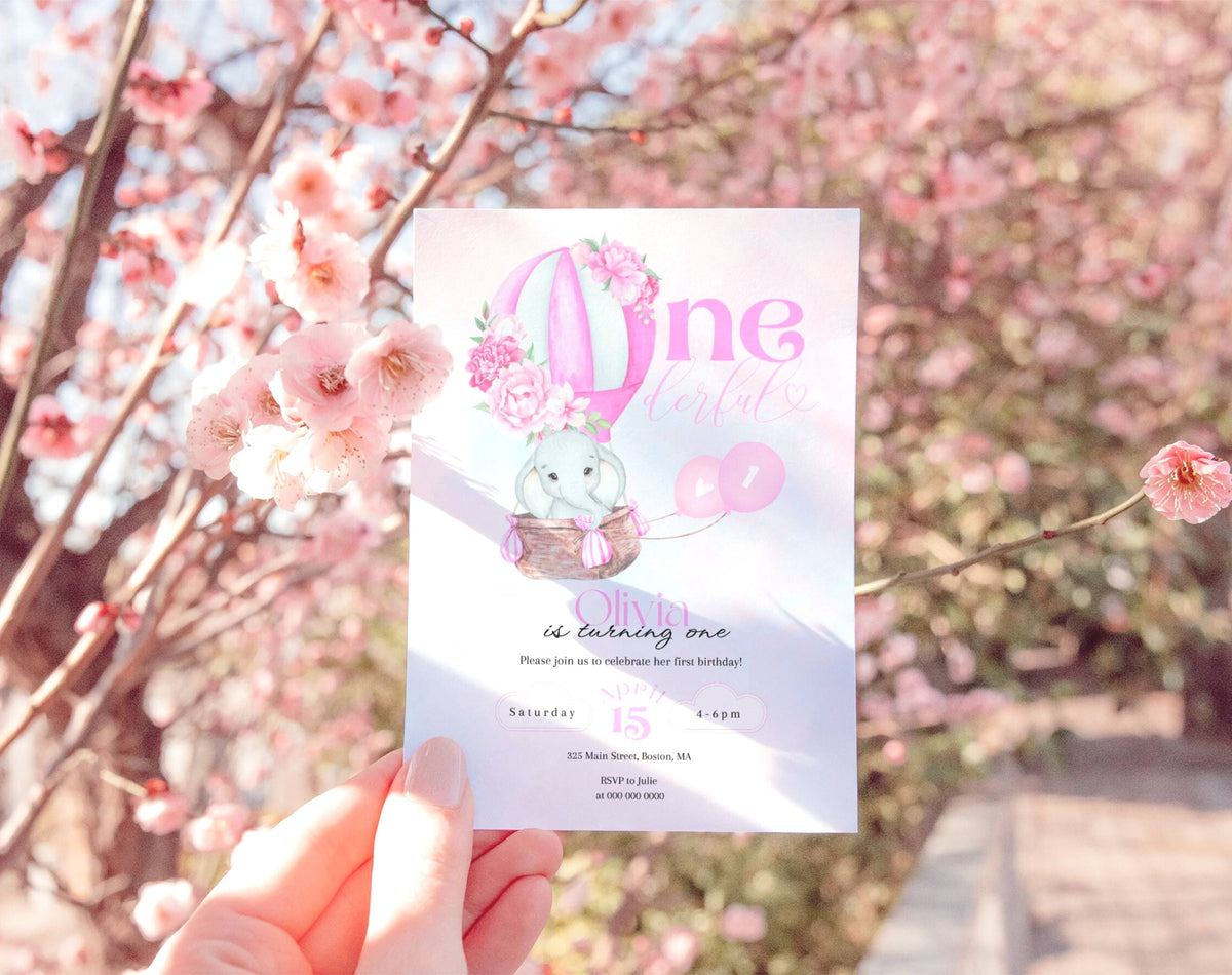 Preview of hot air balloon and baby elephant 1st birthday girl invitation