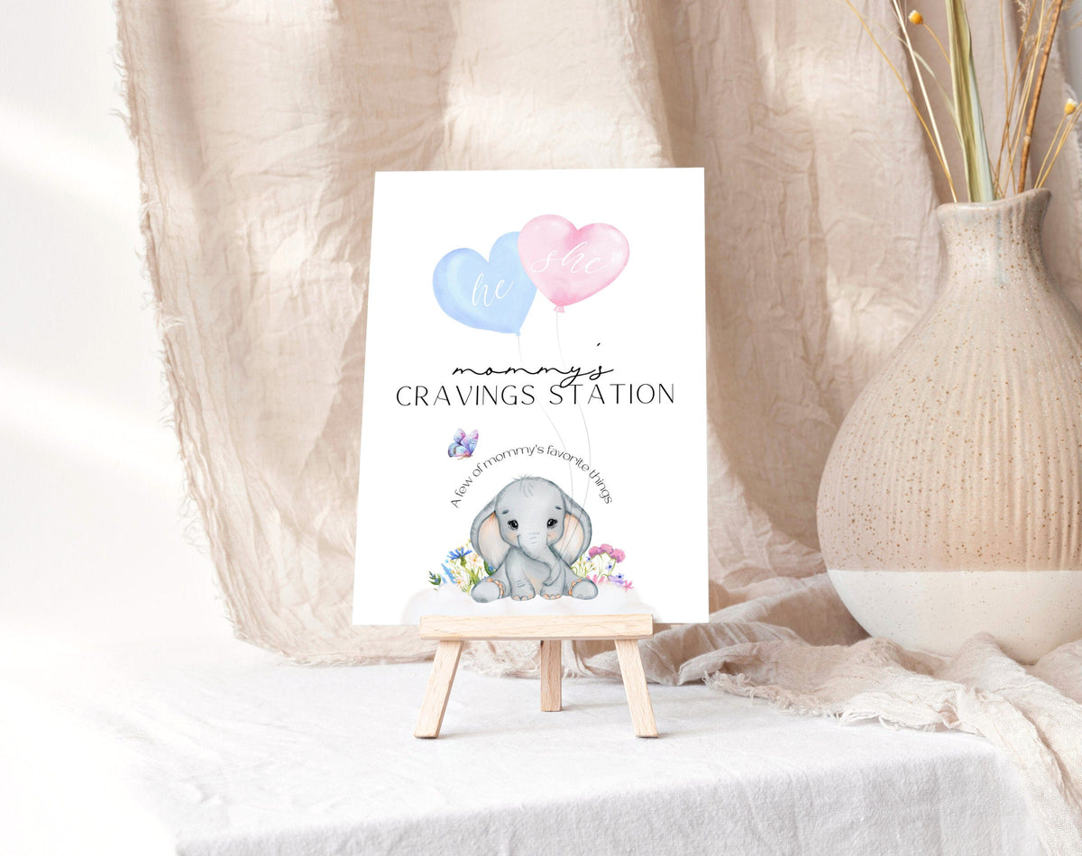 floral, boho, vintage, blue and pink cravings station sign template for a personalized gender reveal