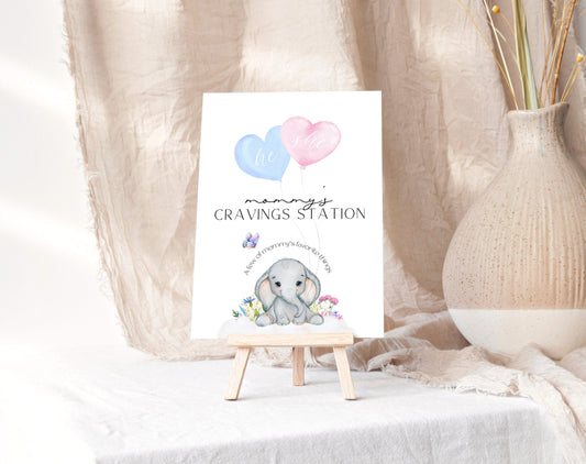 floral, boho, vintage, blue and pink cravings station sign template for a personalized gender reveal