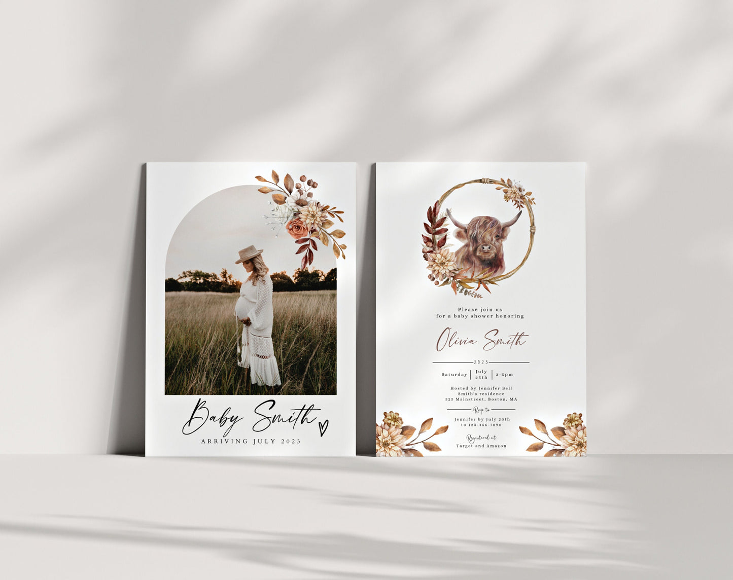 Double-sided Highland cow baby shower invitation