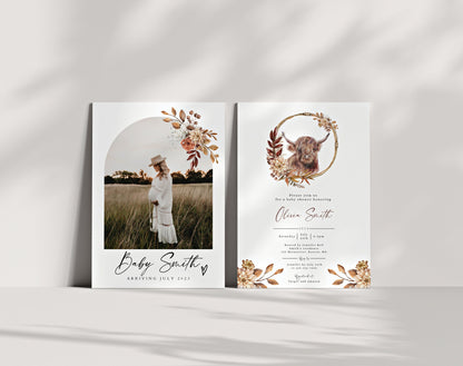 Double-sided Highland cow baby shower invitation