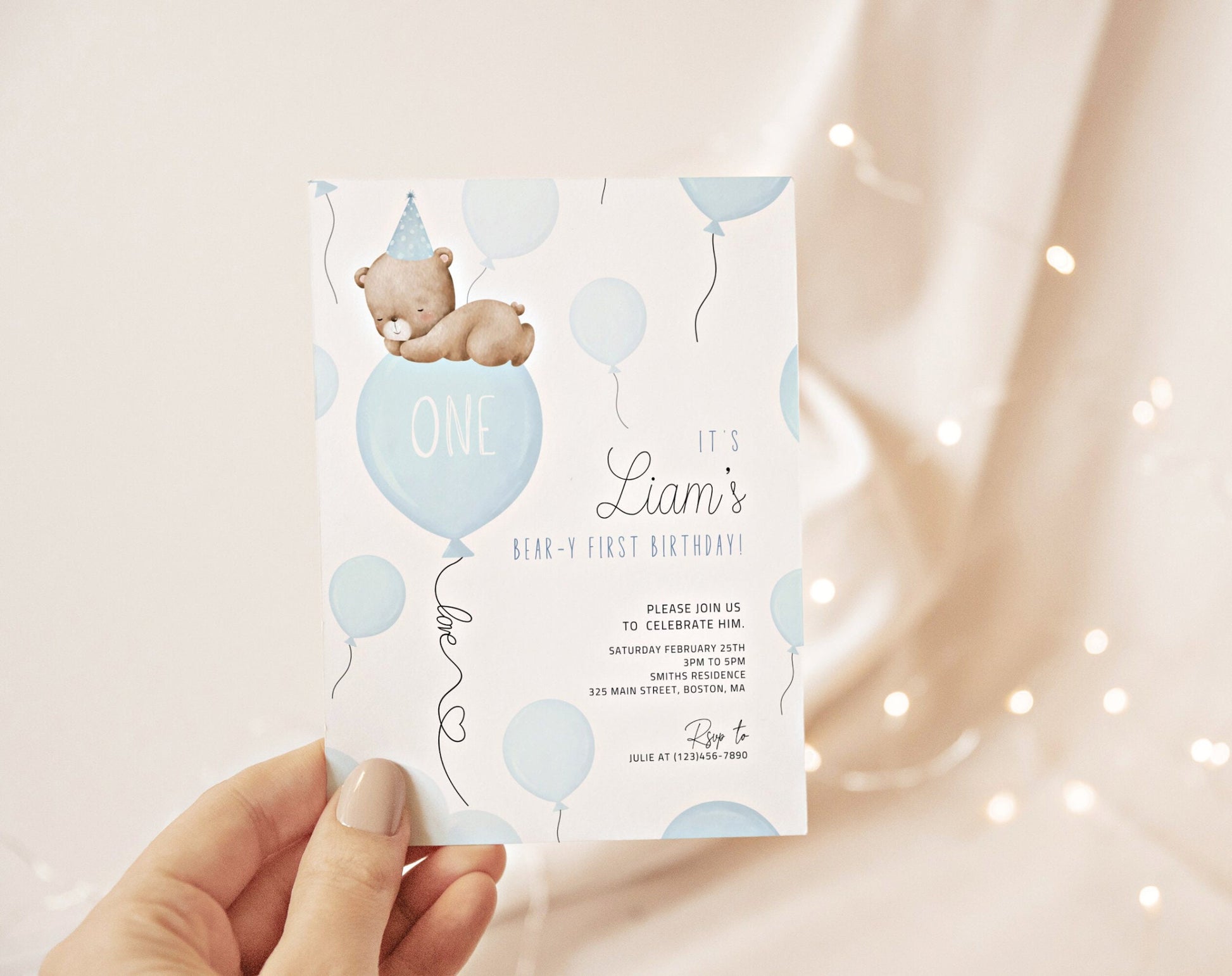 Invitation - Teddy Bear 1st Birthday Boy, editable Canva template