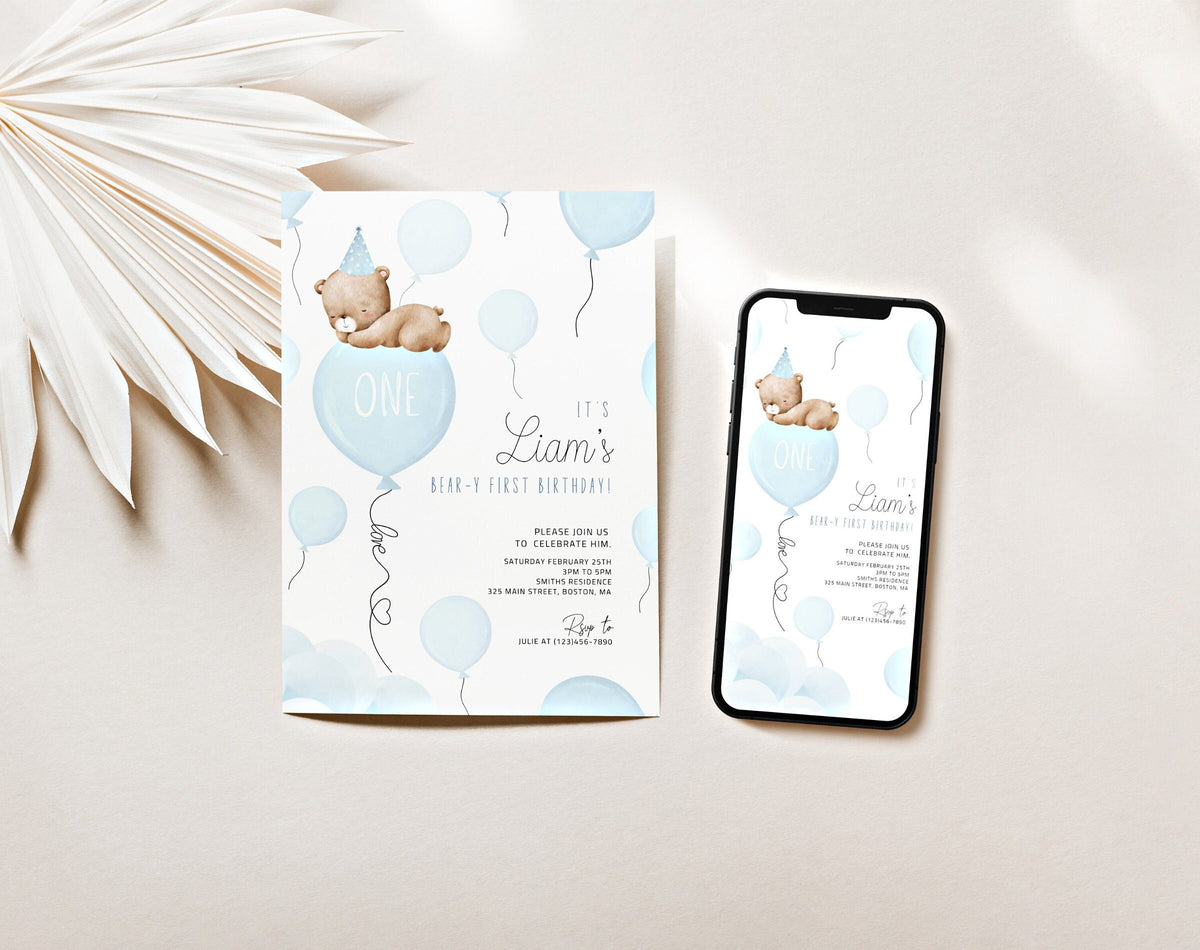 Teddy Bear 1st Birthday Boy Invitation for 1st birthday boy guests and party details