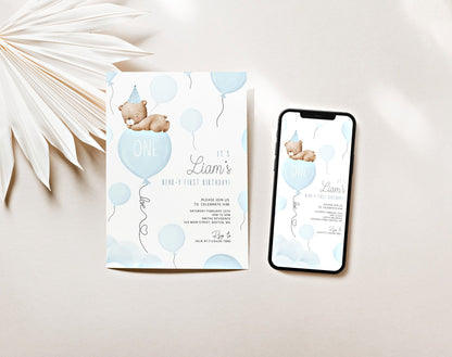 Teddy Bear 1st Birthday Boy Invitation for 1st birthday boy guests and party details
