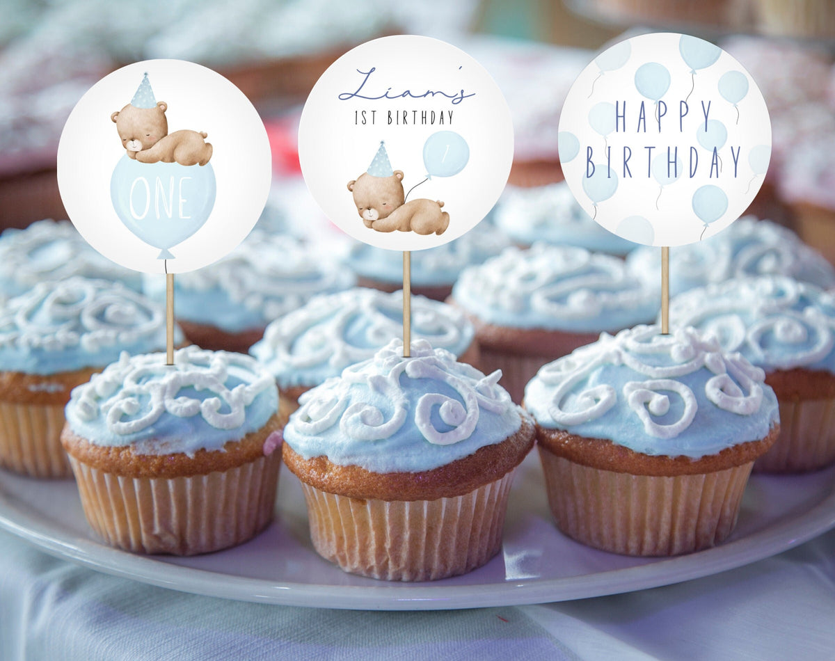 1st Birthday Boy cupcake toppers for dessert tables and themed party treats