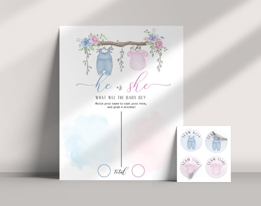 Editable details of floral guess the gender sign and 2-inch team sticker set
