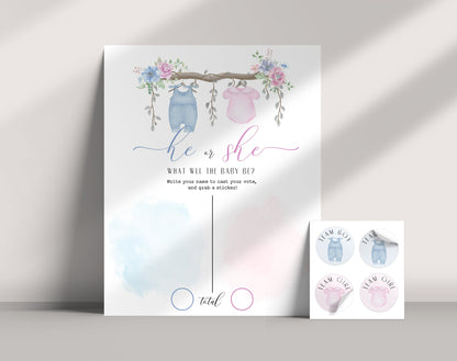 Editable details of floral guess the gender sign and 2-inch team sticker set