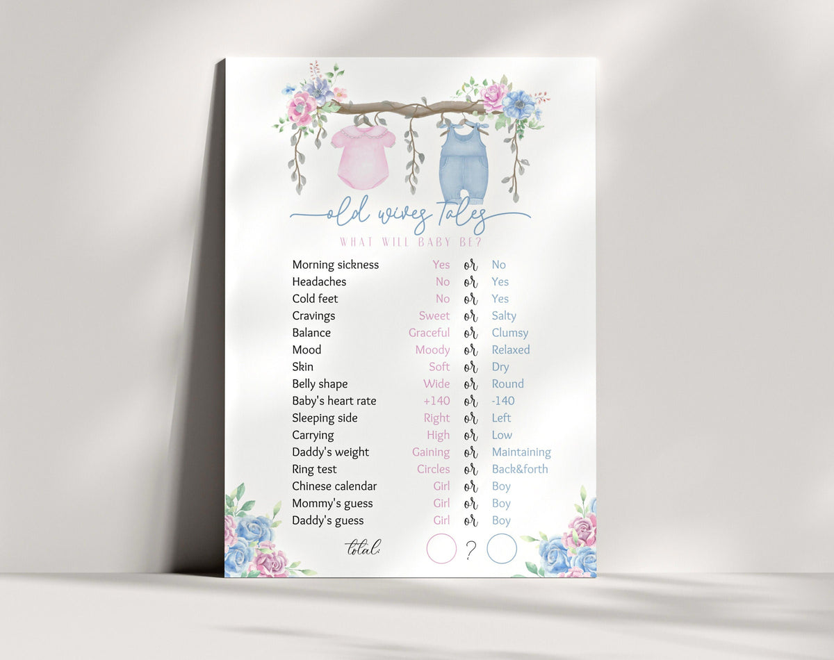 Editable details of floral pink and blue old wives' tales gender reveal sign