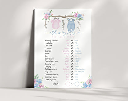 Editable details of floral pink and blue old wives' tales gender reveal sign