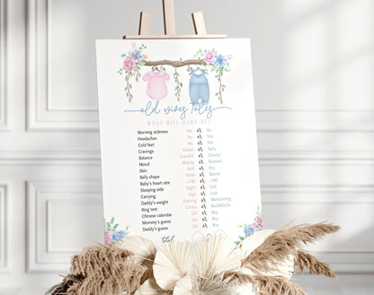 Floral pink and blue Old Wives' Tales gender reveal sign