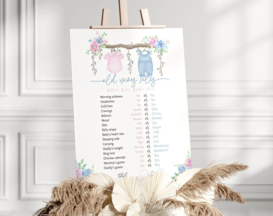 Floral pink and blue Old Wives' Tales gender reveal sign