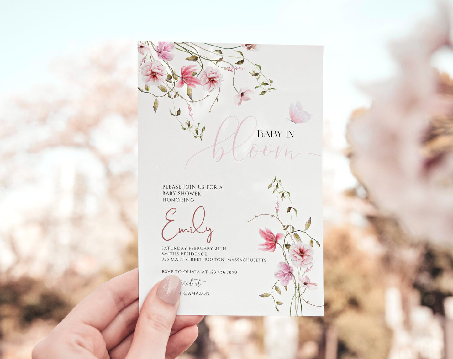 Editable Canva Baby in Bloom invitation to print or send digitally