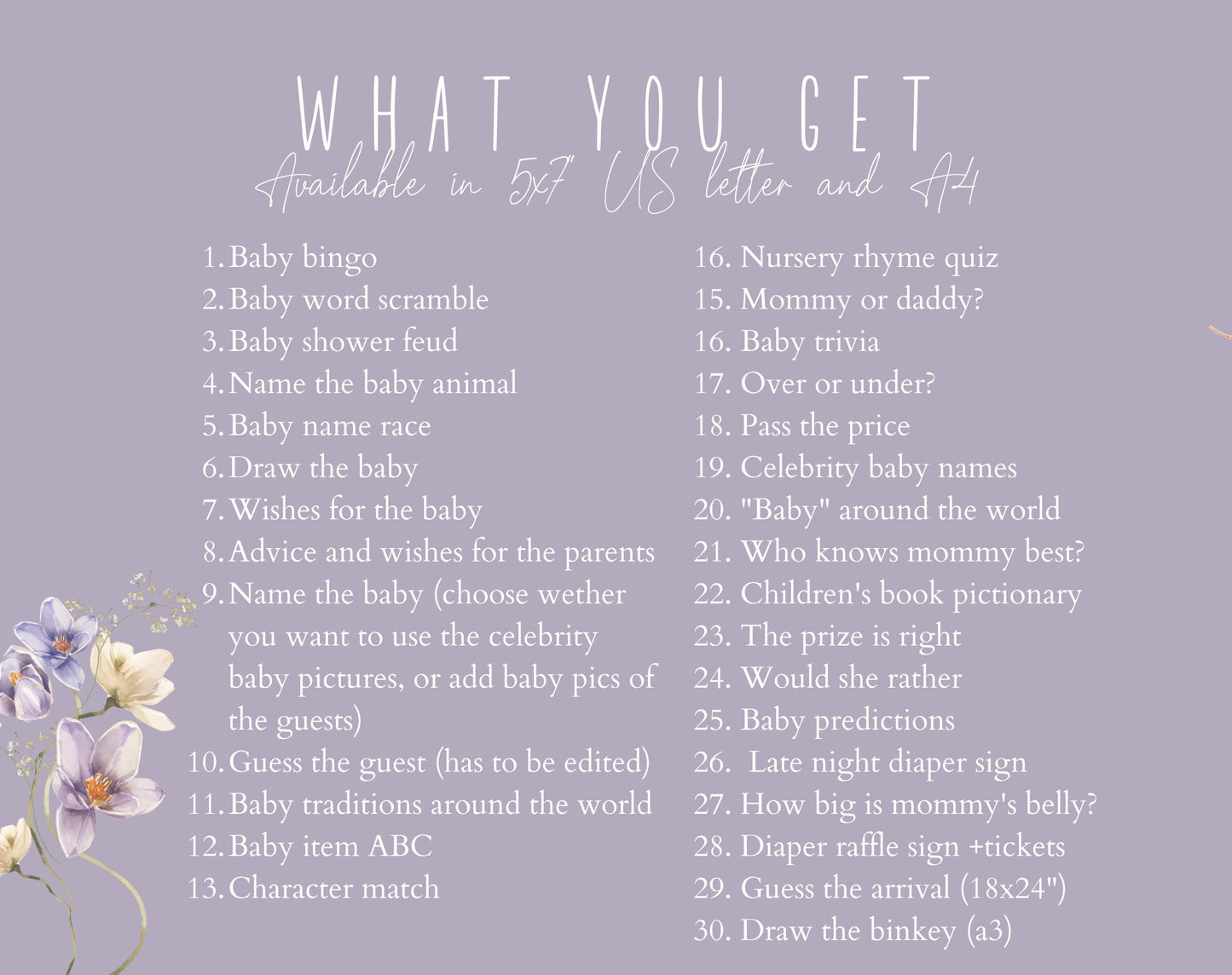 Baby Shower Game Bundle - Pink Wildflower, printable PDF files