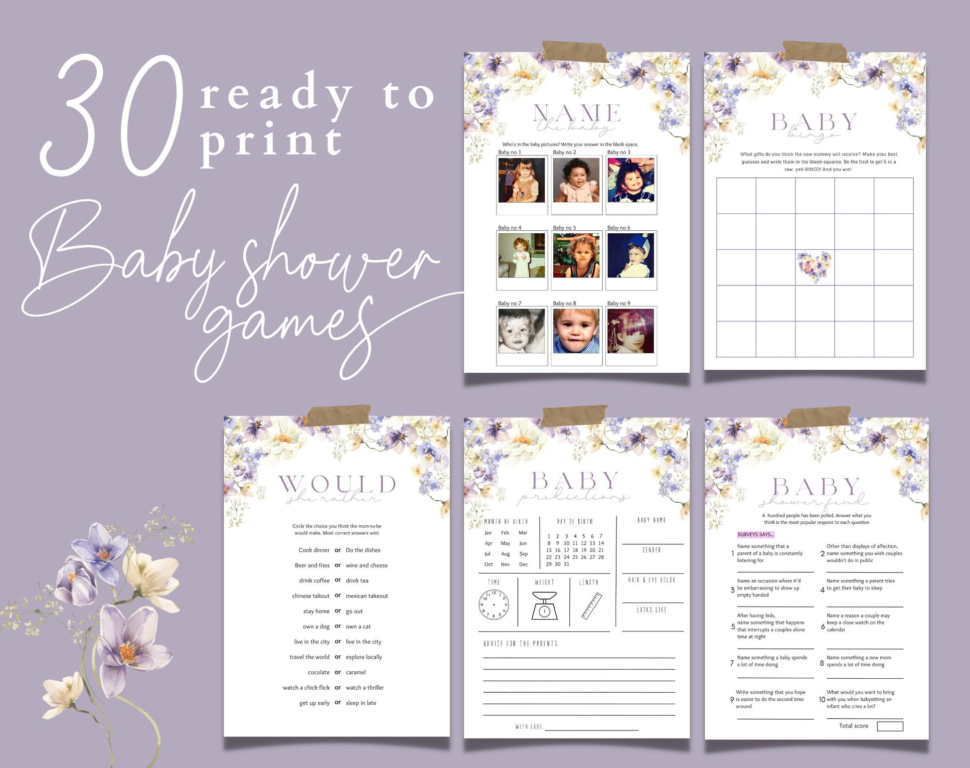 Baby Shower games bundle with printable game cards signs tickets and activities