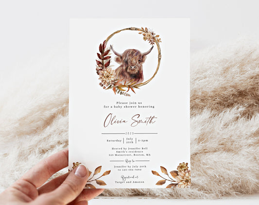 Preview of double-sided highland cow baby shower invitation