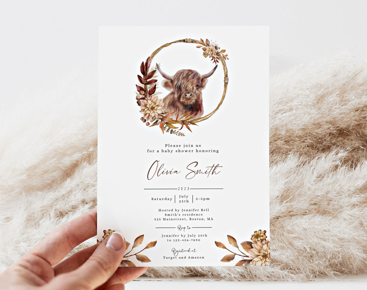Preview of double-sided highland cow baby shower invitation