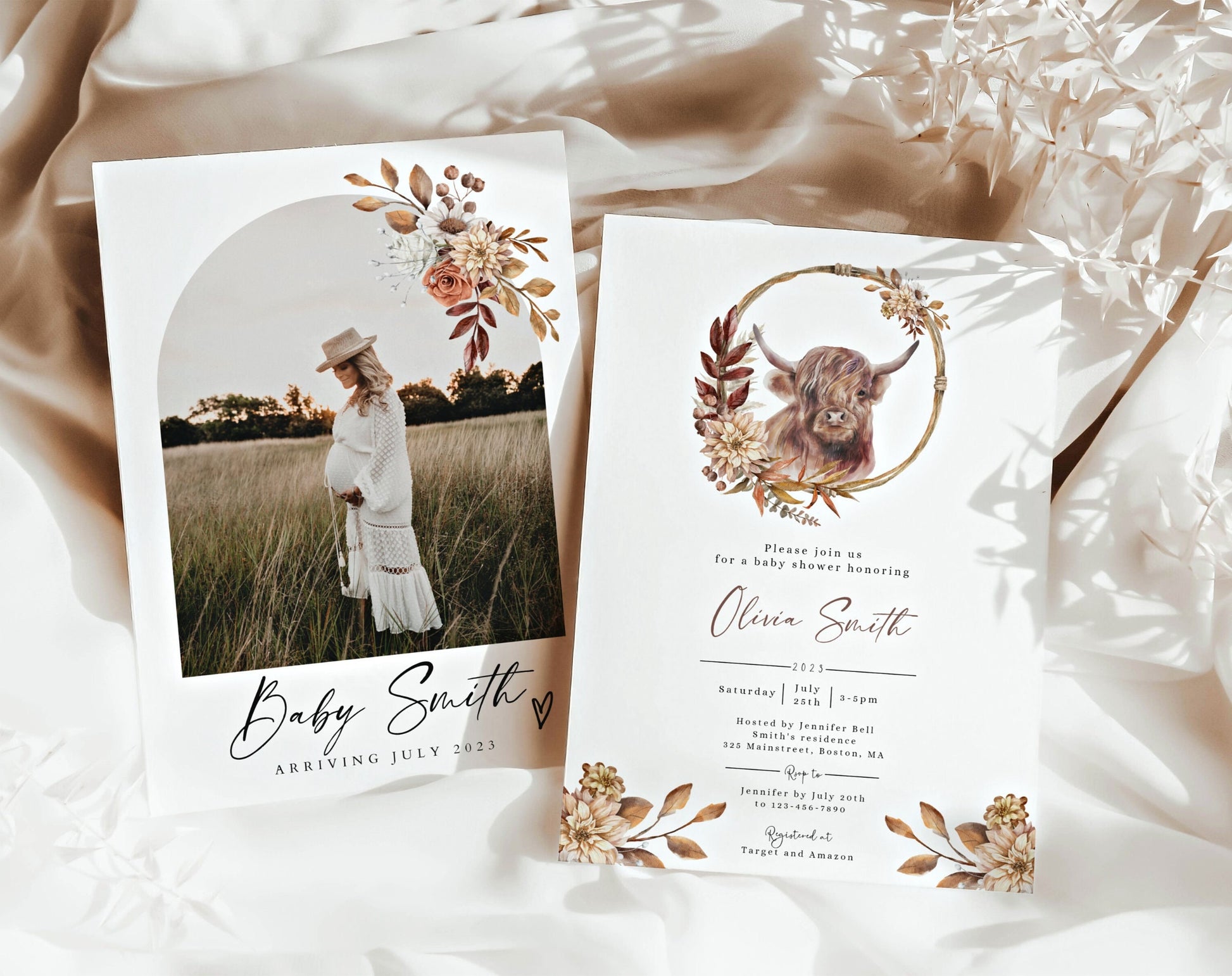 Double-sided Highland cow baby shower invitation