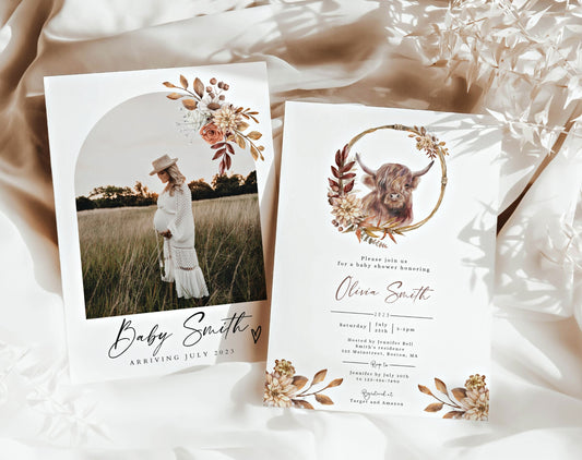 Double-sided Highland cow baby shower invitation