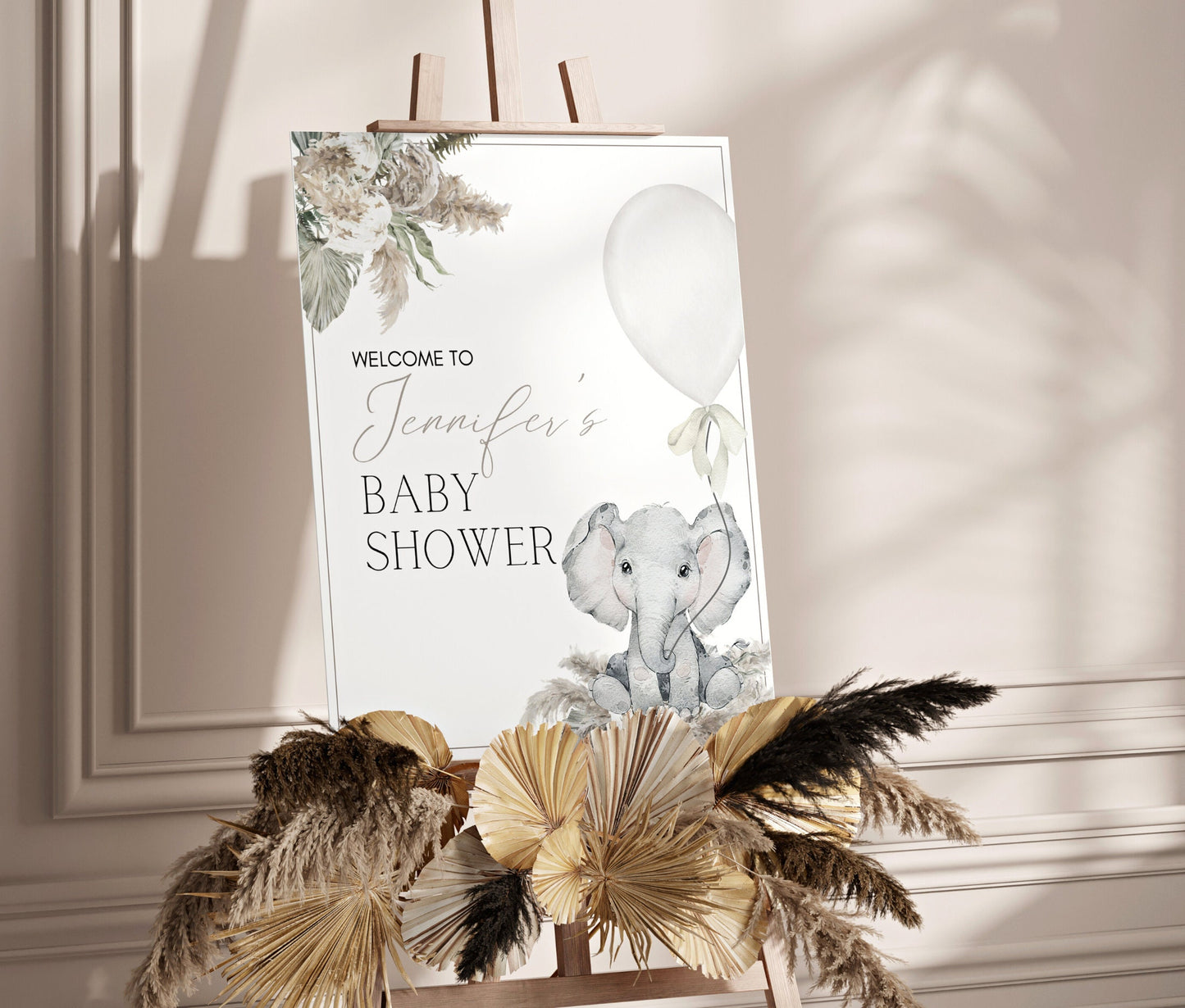 Boho Elephant Baby Shower Welcome Sign, editable Canva template