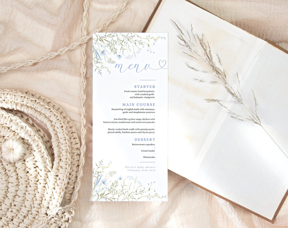 Baby Boy in Bloom Menu | Blue Floral, editable Canva template
