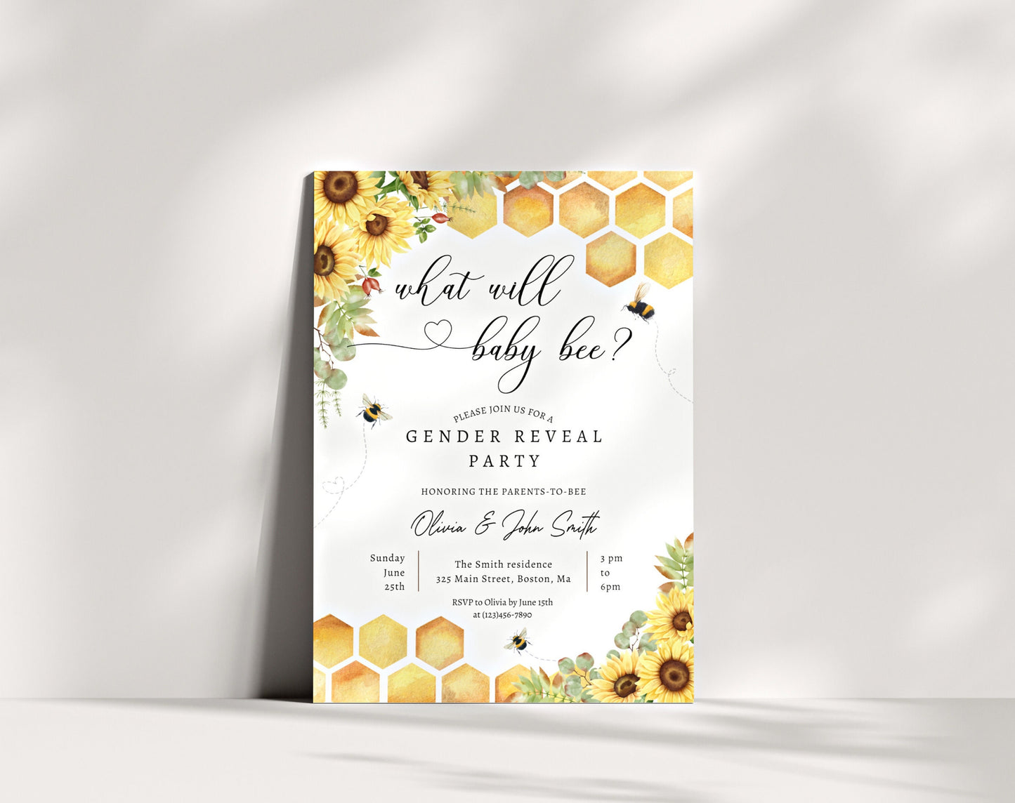 Invitation - Bee Gender Reveal, editable Canva template