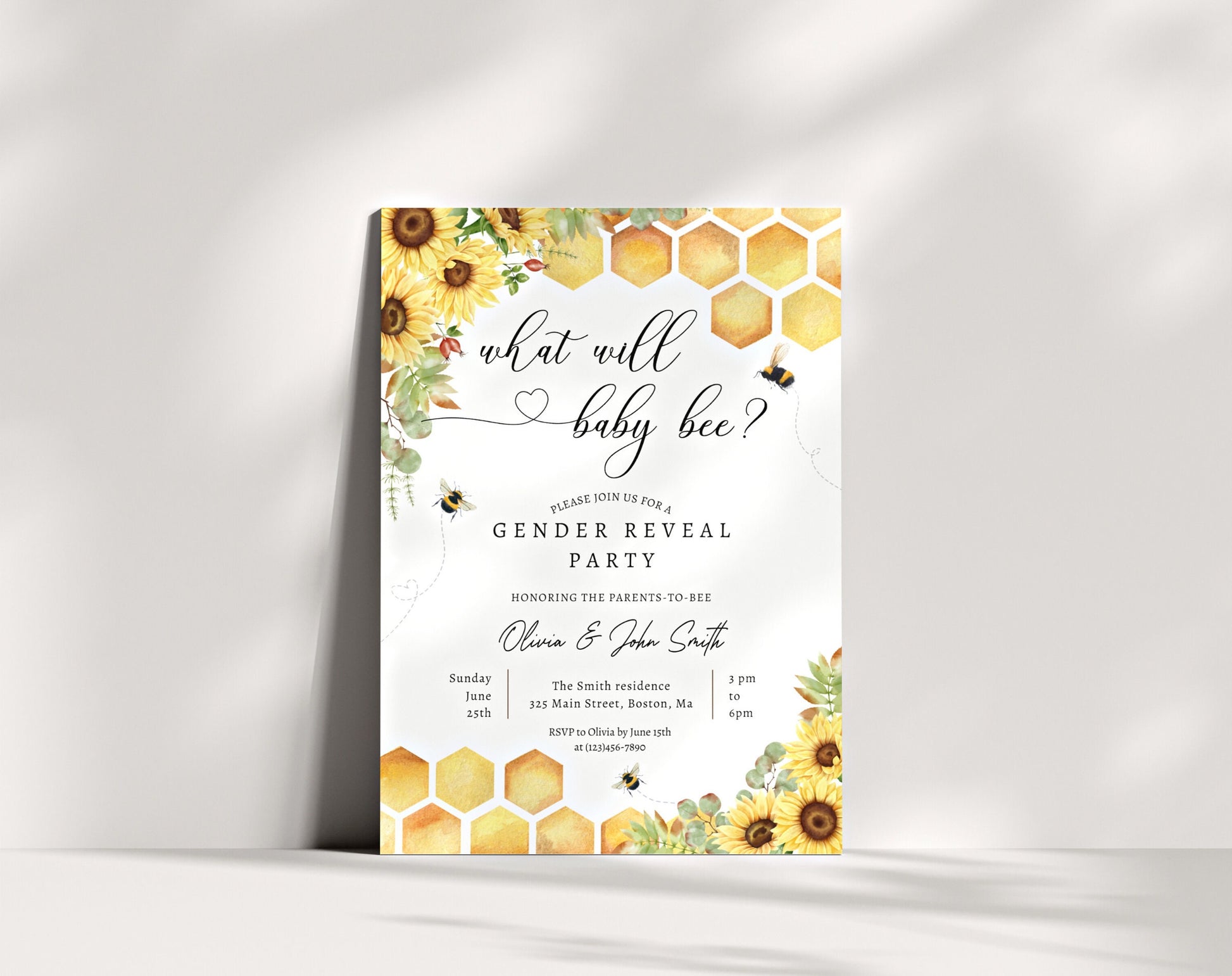 Invitation - Bee Gender Reveal, editable Canva template