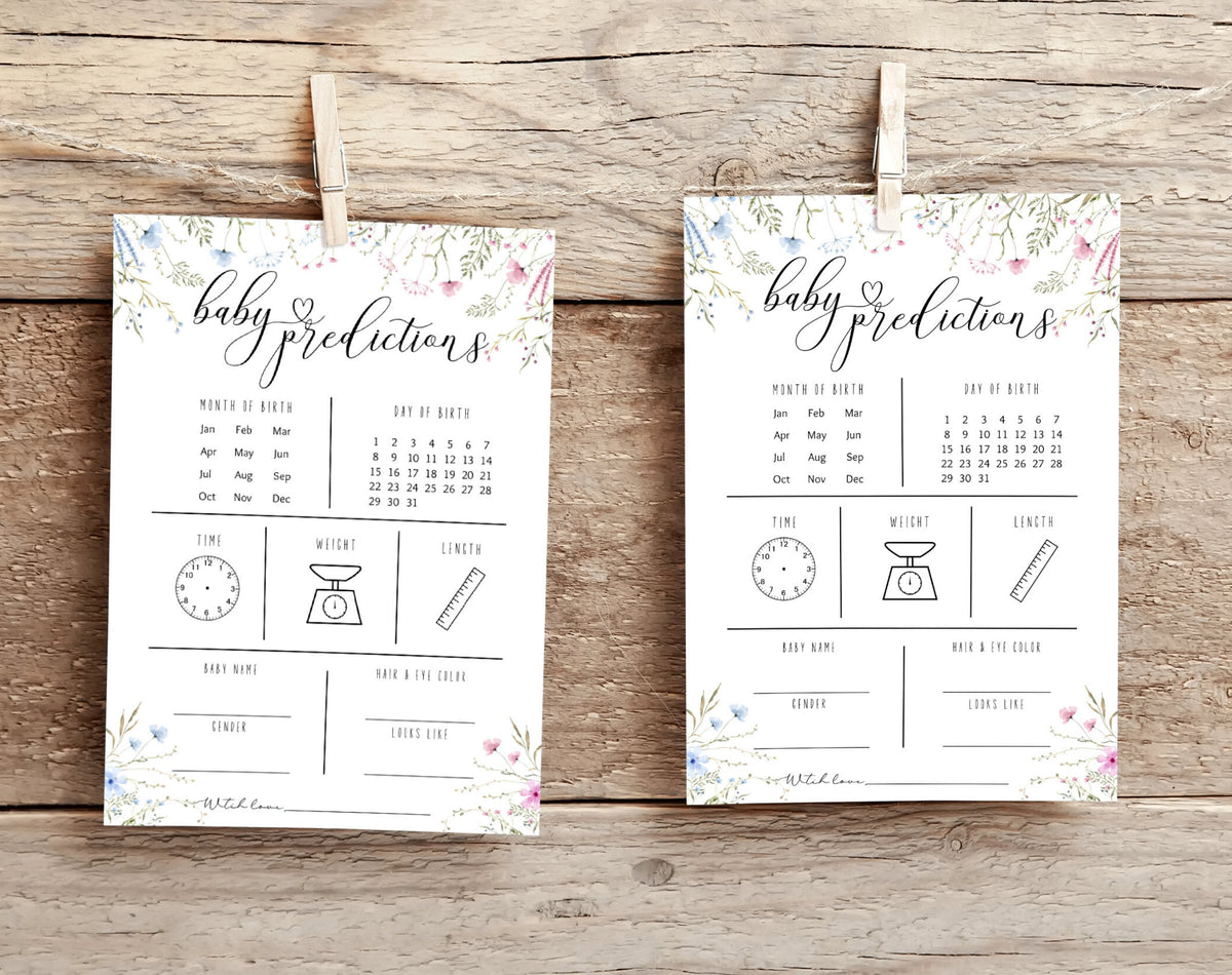 Editable details of pink and blue wildflower baby predictions gender reveal card