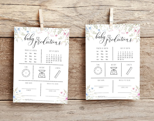 Editable details of pink and blue wildflower baby predictions gender reveal card