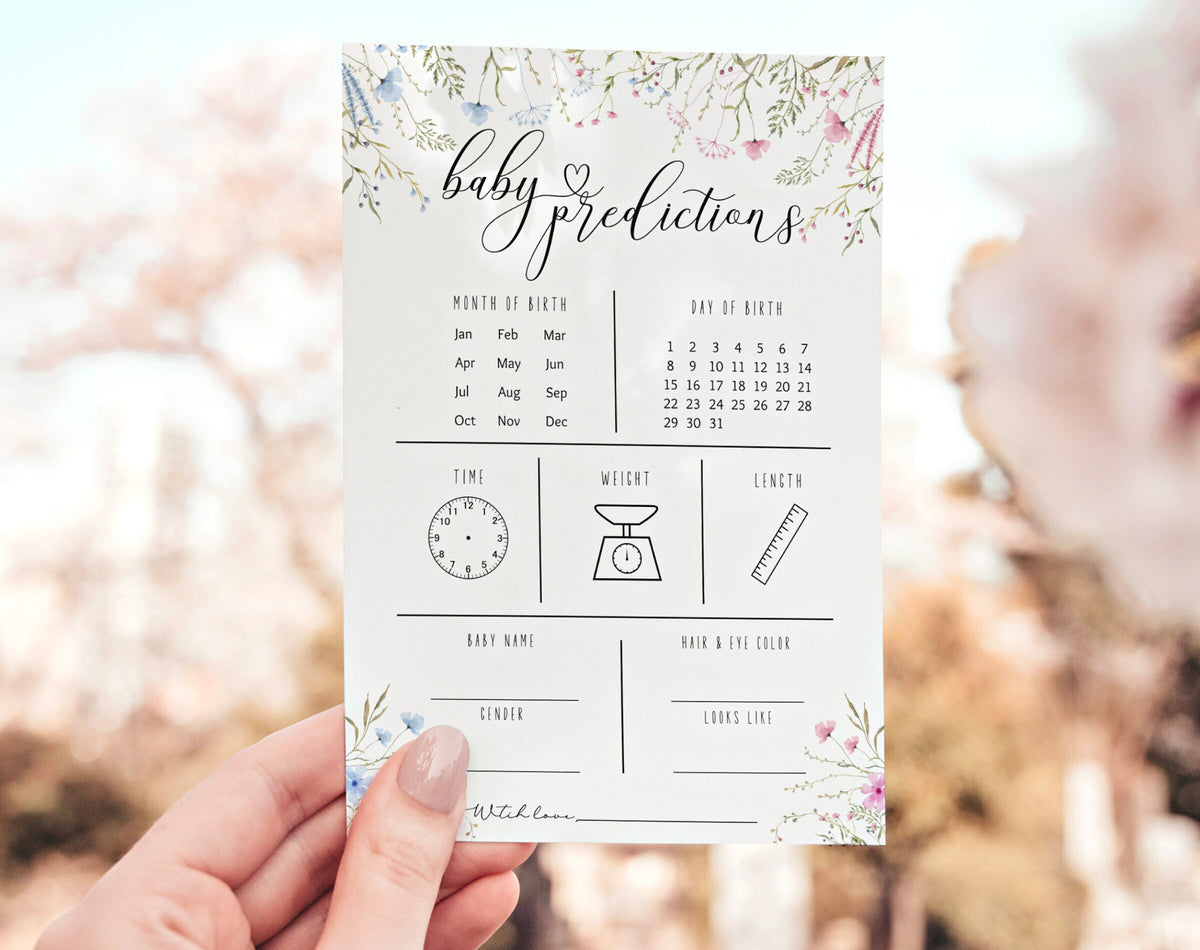 Preview of pink and blue wildflower baby predictions gender reveal card