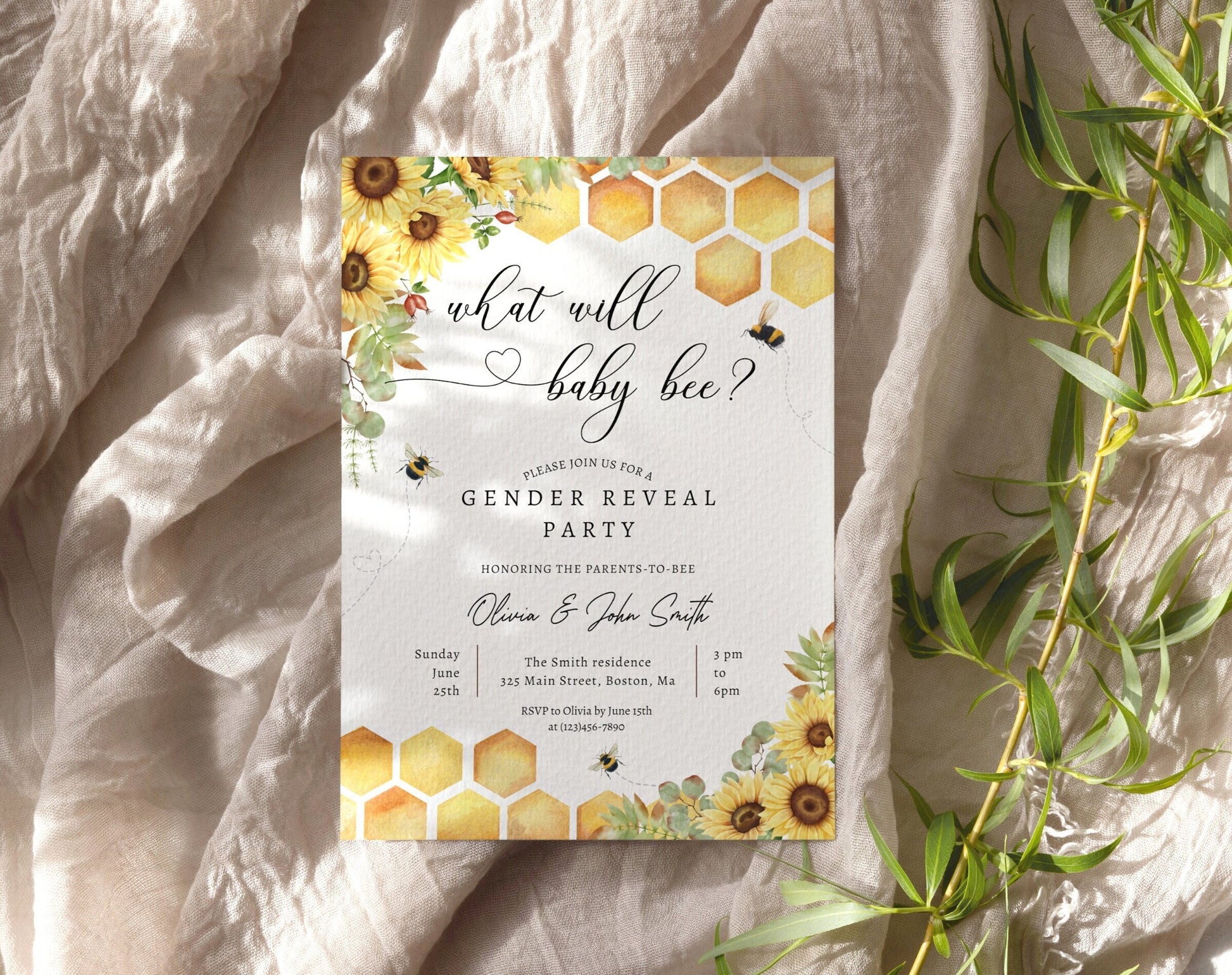 Bee Gender Reveal Invitation for gender reveal guests and party details