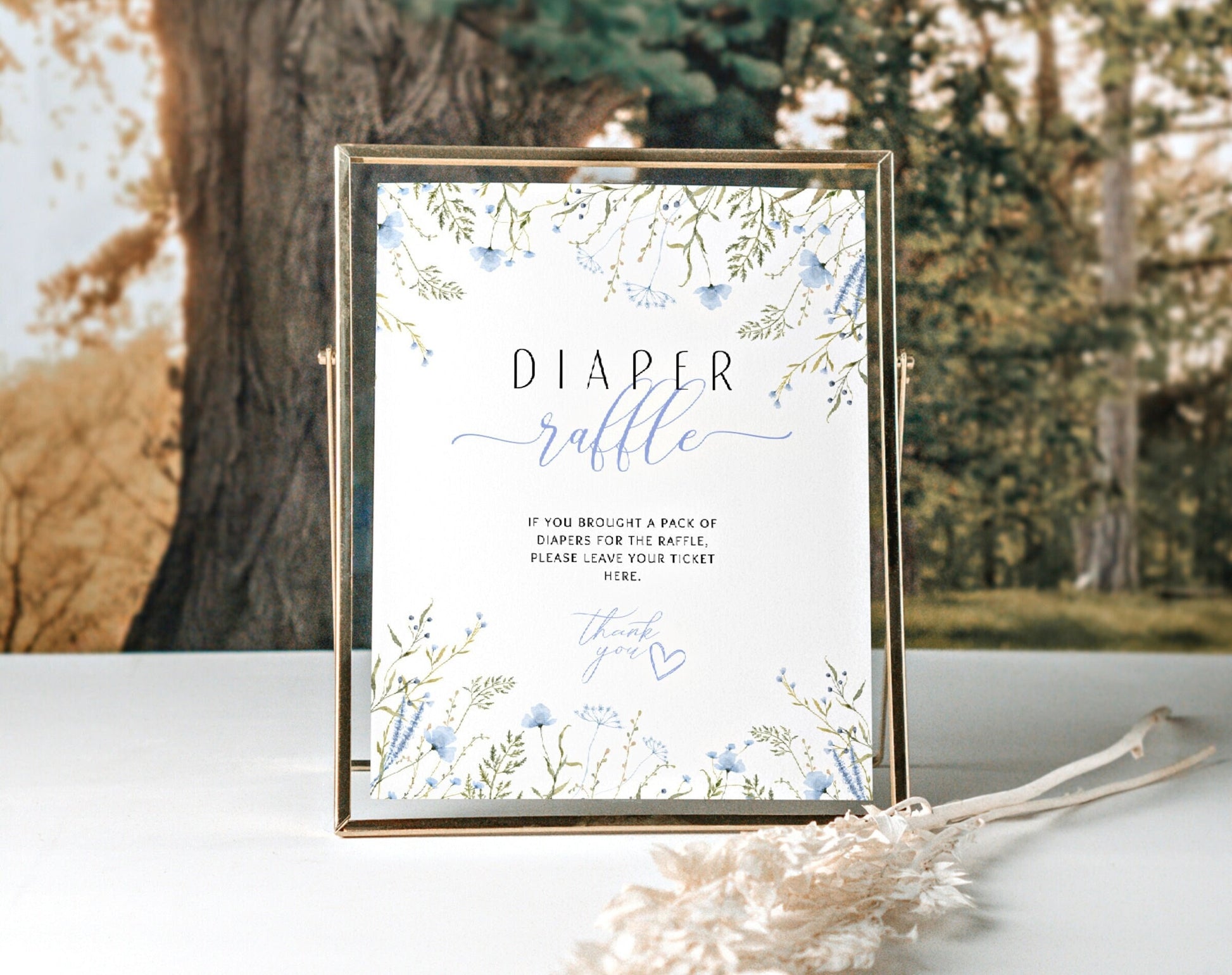Blue wildflower Baby Boy in Bloom diaper raffle sign