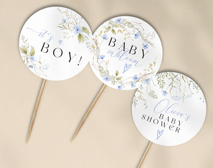 Blue Wildflower Baby Shower Cupcake Toppers, editable Canva template