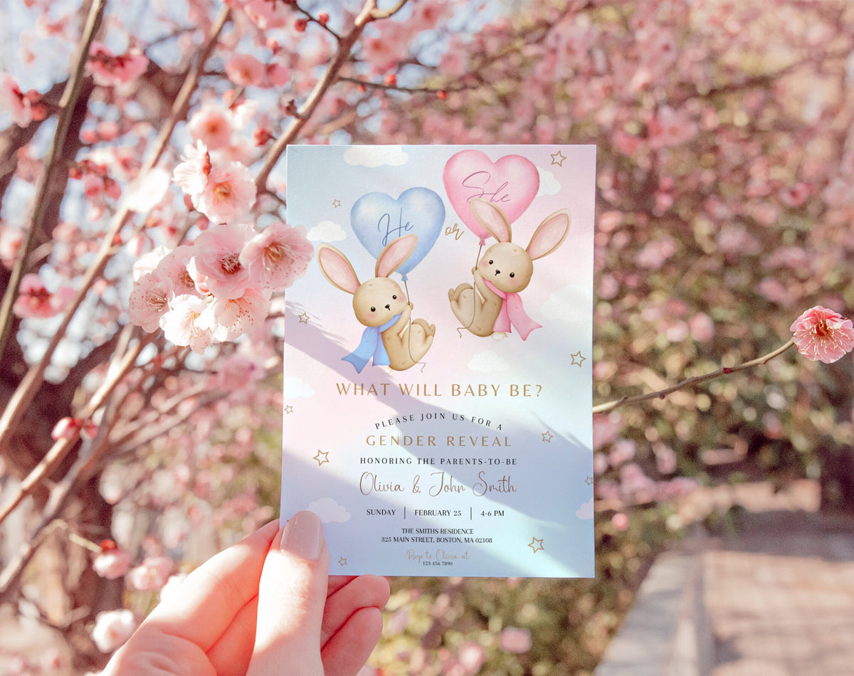 Editable details of bunny gender reveal invitation in pink and blue