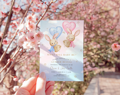 Editable details of bunny gender reveal invitation in pink and blue
