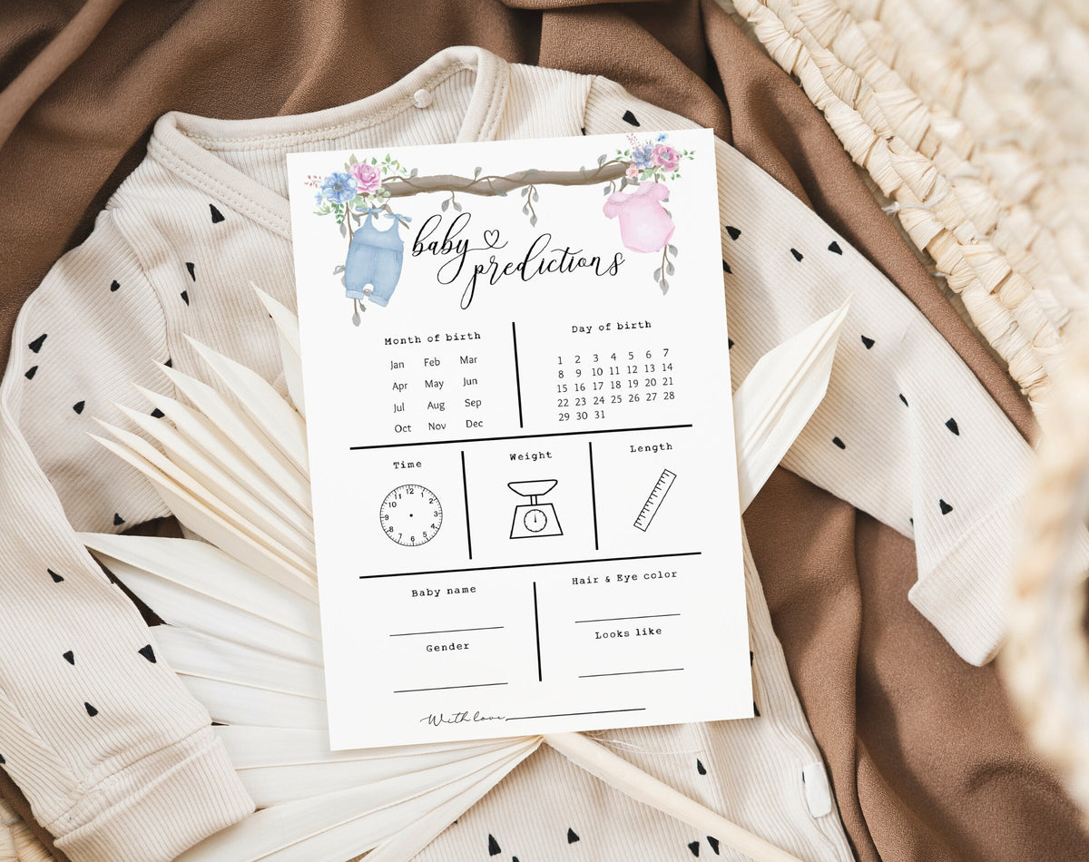 Gender Reveal Baby Predictions Card - Pink Wildflower for gender reveal party decor and supplies