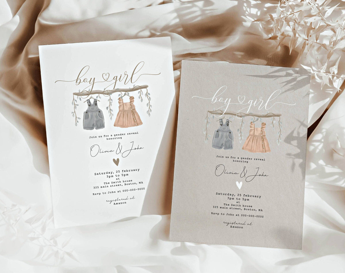 Boho baby clothes gender reveal invitation with white and textured background options